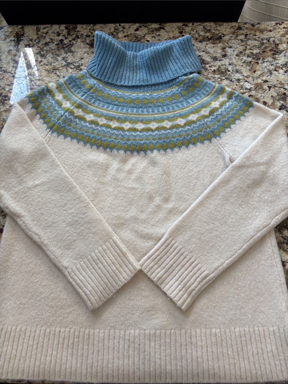 Cynthia Rowley Cream and Blue Fair Isle Merino Wool Blend Sweater